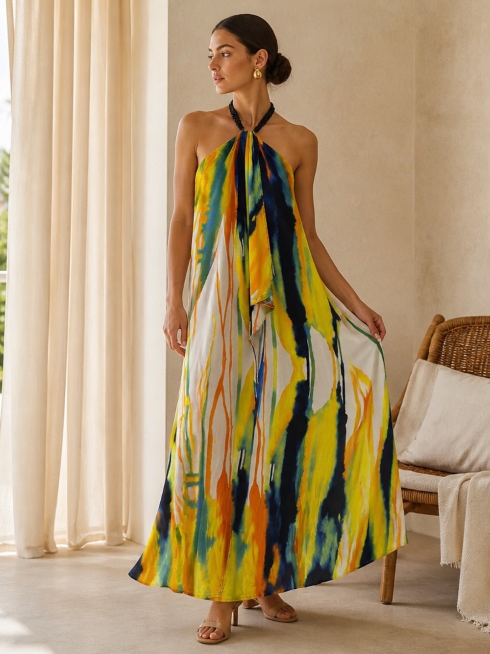 Halter Maxi Dress in Yellow Multi-Color